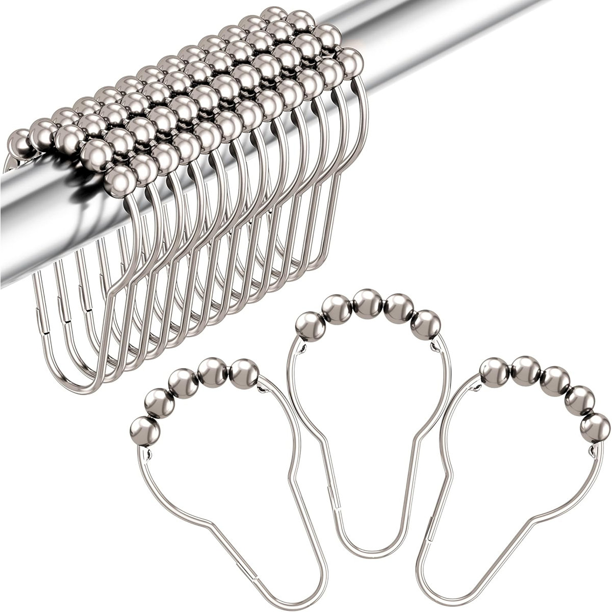Premium Stainless Steel Shower Curtain Hooks With Polished Nickel Finish, Rustproof And Heavy Duty, Smooth Gliding Design, Set Of 12